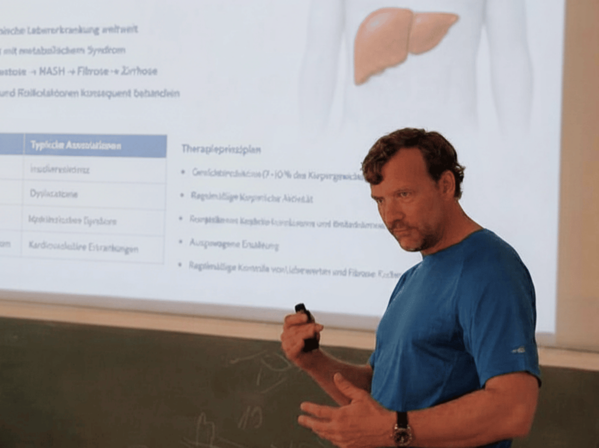 Dr. med. Heinz Bry durante una conferencia sobre el hígado graso