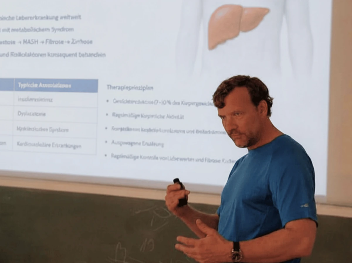 Dr. med. Heinz Bry durante una conferencia sobre el hígado graso